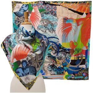 CHRISTIAN LACROIX SCARF EXOTIC MAP FLOWER PRINT SILK FOULARD SQUARE 35"
